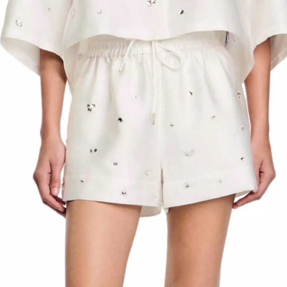 Sandro White Embellished High-Waist Shorts